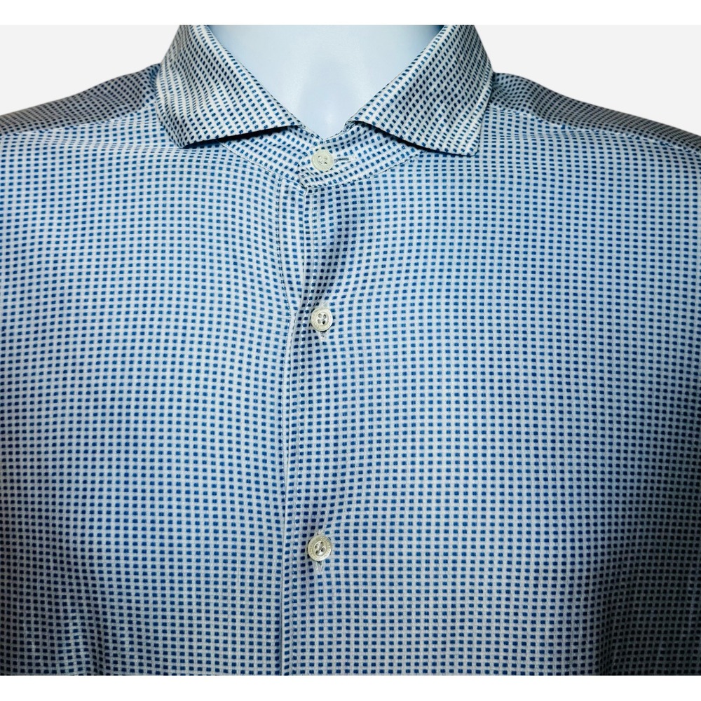 Corneliani Mens Blue White Micro Check Cotton Dress Shirt Size 16/41 Made Italy